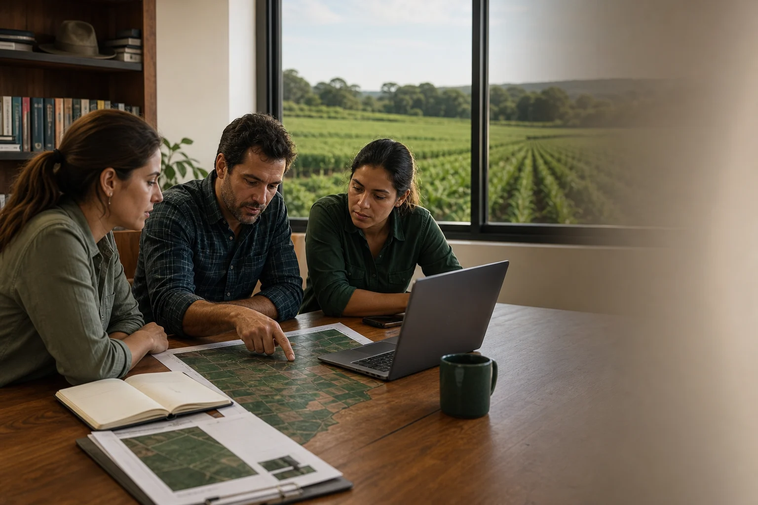 Equipe do agro analisando a operação e informações da fazenda em conjunto